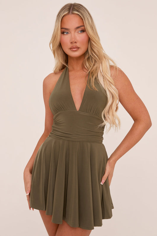 PIPPA MINI DRESS – KHAKI HALTER PLUNGE NECK