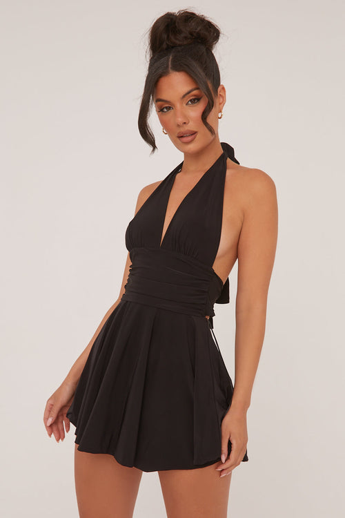 PIPPA MINI DRESS – BLACK HALTER PLUNGE NECK