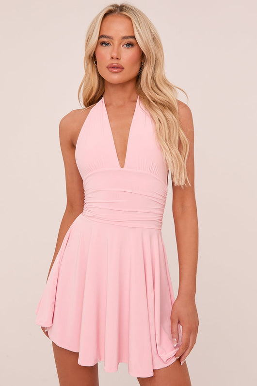 PIPPA MINI DRESS – PINK HALTER PLUNGE NECK