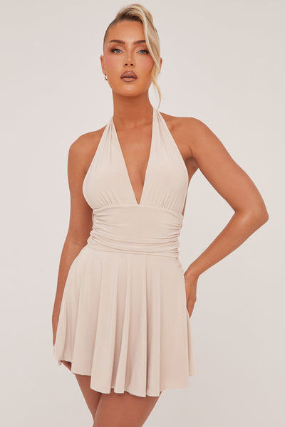 PIPPA MINI DRESS – STONE HALTER PLUNGE NECK