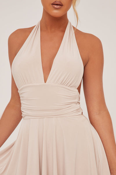 PIPPA MINI DRESS – STONE HALTER PLUNGE NECK