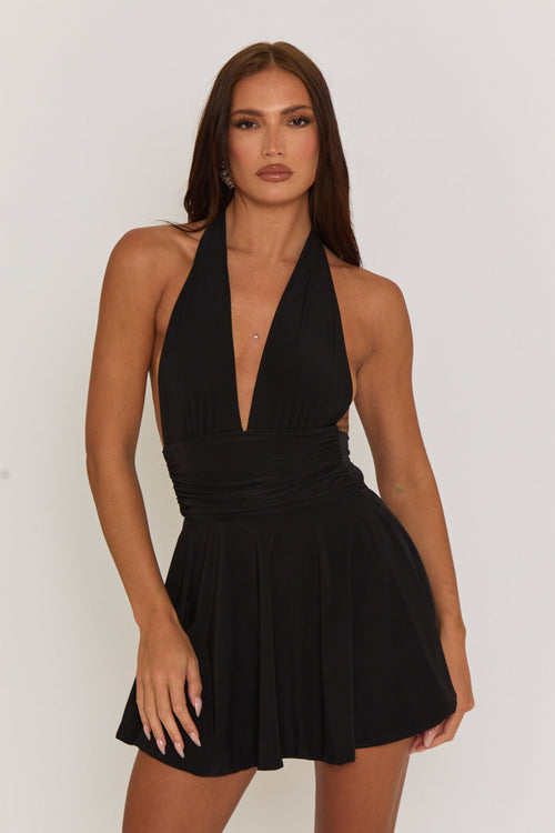 PIPPA MINI DRESS – BLACK HALTER PLUNGE NECK
